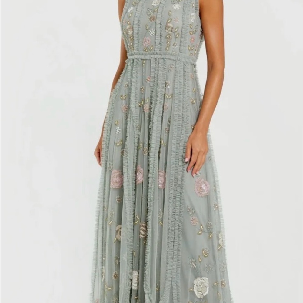 Mac Duggal Sage Embroidered Maxi Dress with Pastel Floral Accents